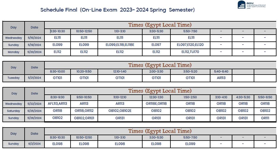 Endicott Final Exam Schedule Fall 2023 www.aou.edu.eg